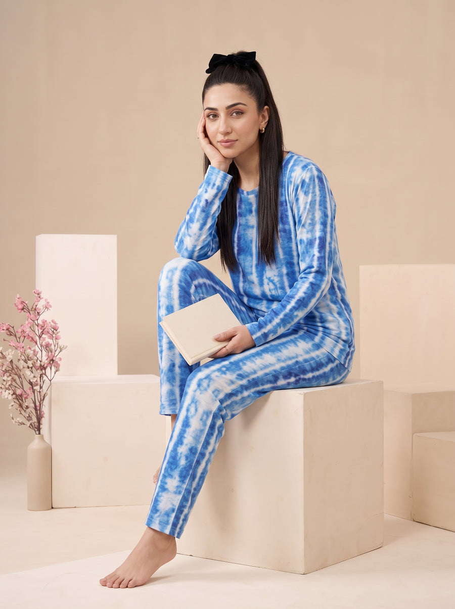 Blue Drift Nightsuit — blue and white tie-dye full-sleeve top and matching pants