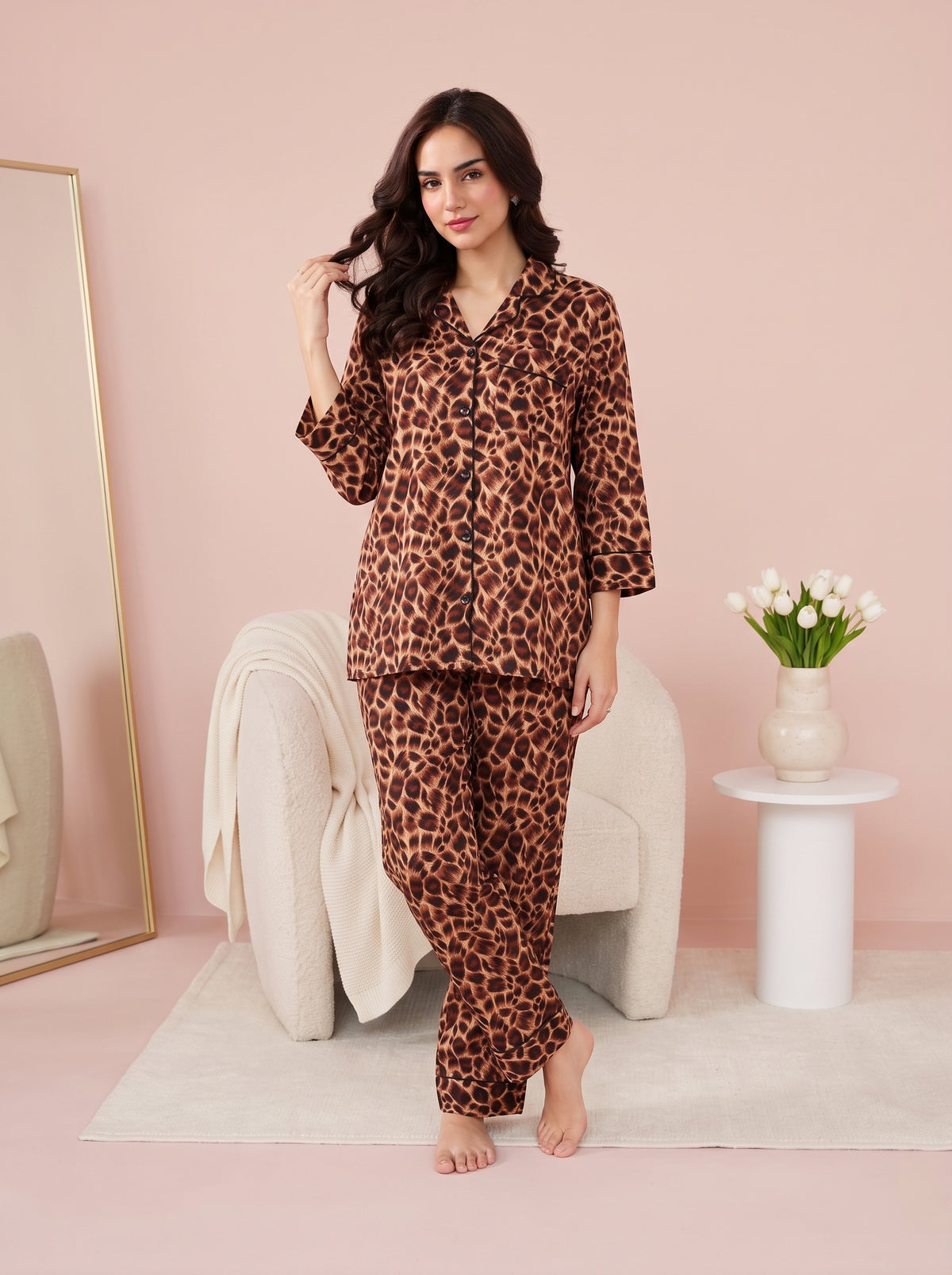 Caramel Leopard Linen Nightsuit