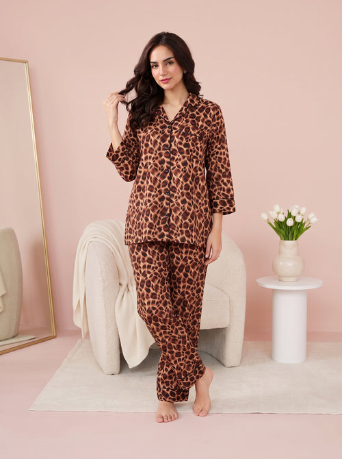 Caramel Leopard Linen Nightsuit