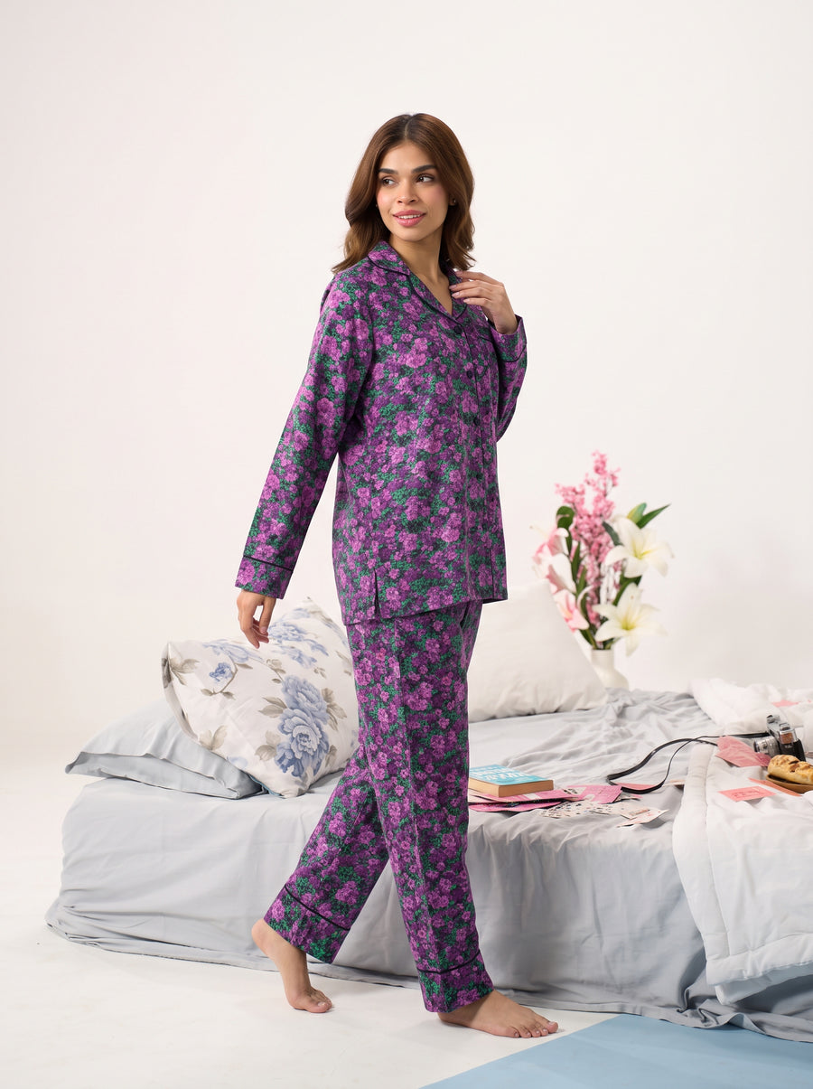 Violet Bloom Linen Nightsuit